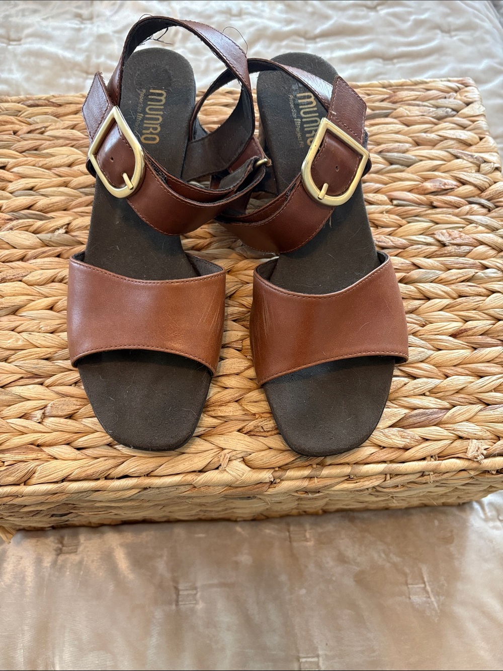 Munro Brown Leather Sandal with Gold Buckle
